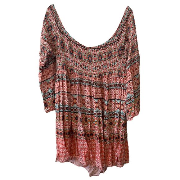 Torrid 3X Mosaic Print Smocked Bell Sleeve Mini Dress Off Shoulder Boho Rayon - Picture 3 of 8